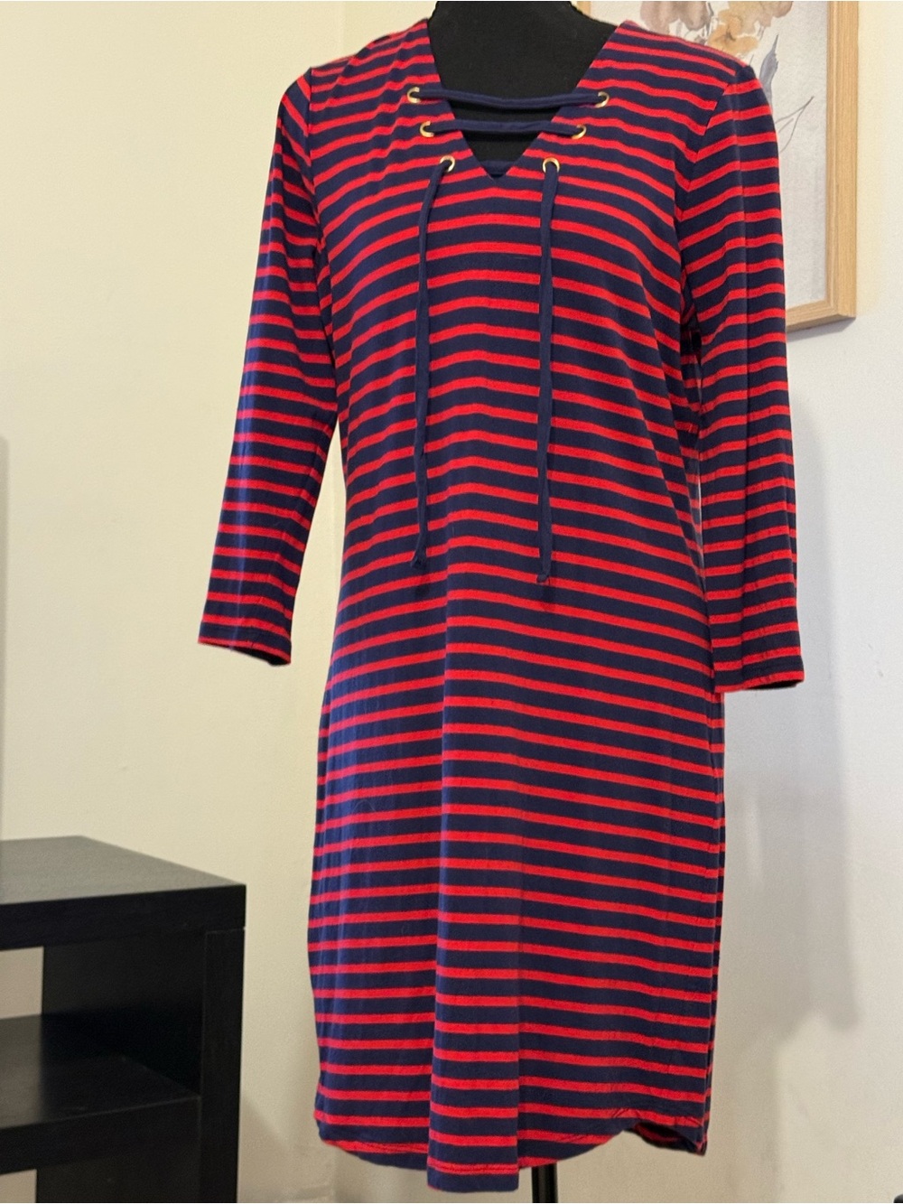 MICHAEL Michael Kors S Navy Red Striped Lace-Up Cotton Dress